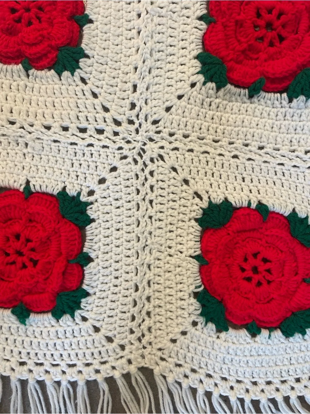 Vintage Granny Square 3D Rose Throw Blanket Afghan Cabbage Rose Christmas